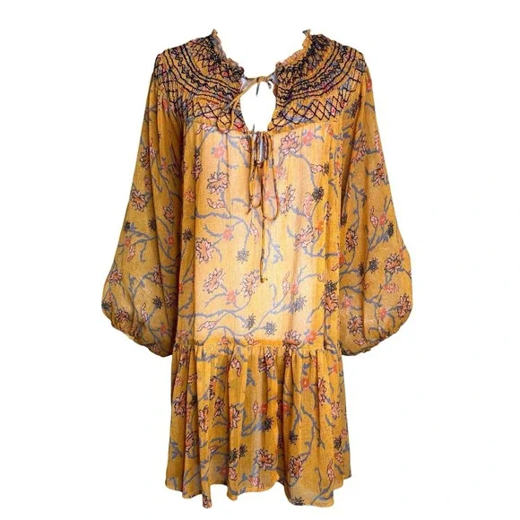 Free People Tunic Dress Keeping Up with Kara Orange Floral SHEER Boho Festival L - Picture 3 of 12